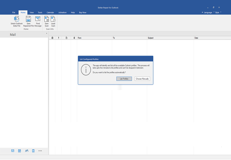 From the Home Screen, pick 'Profile list' to auto-scan PST files linked to your Outlook profiles. Choose your PST file and hit 'Repair'